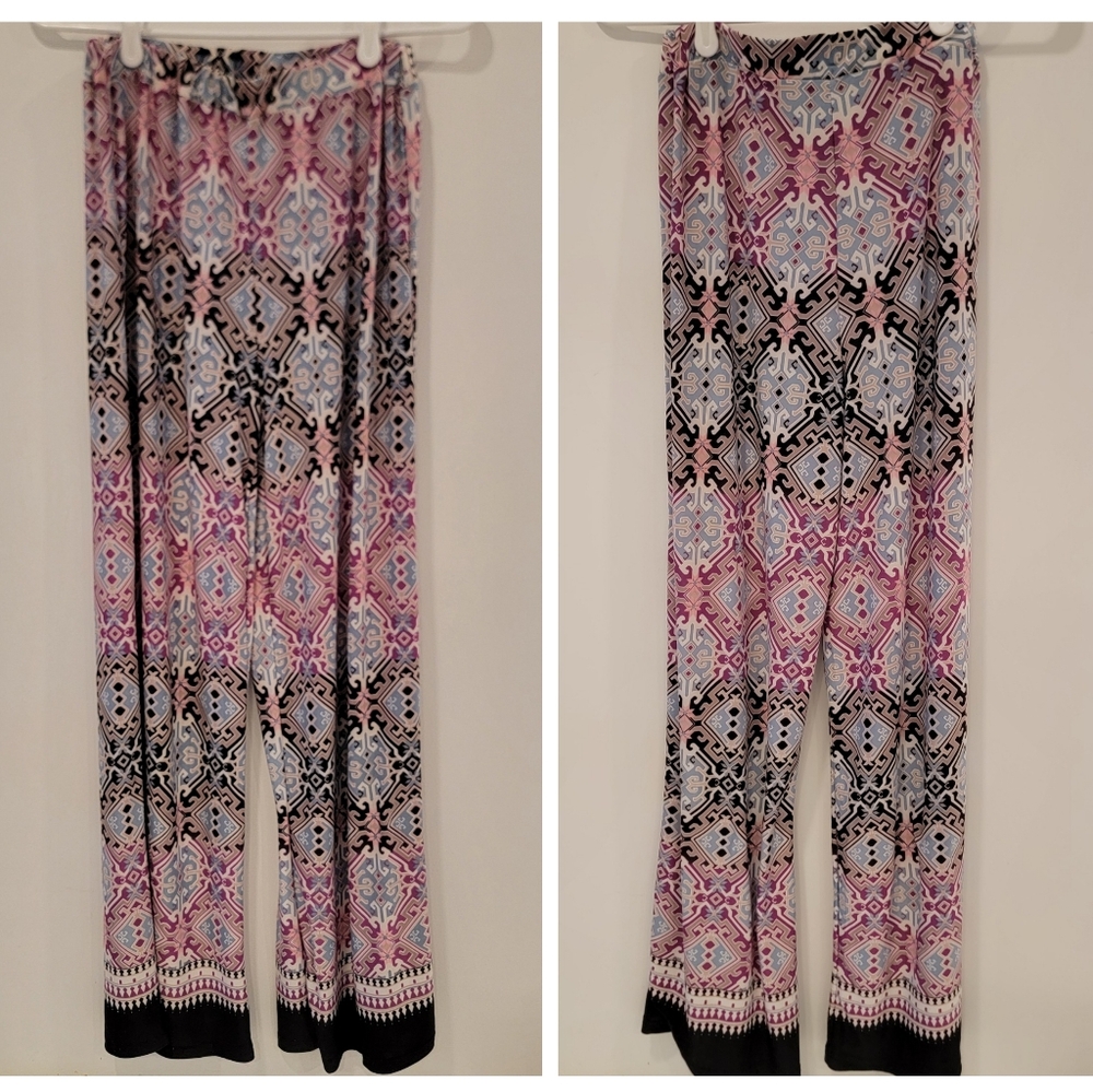 Unique Spectrum Pink and Black Patterned Wide Leg Pants Medium
